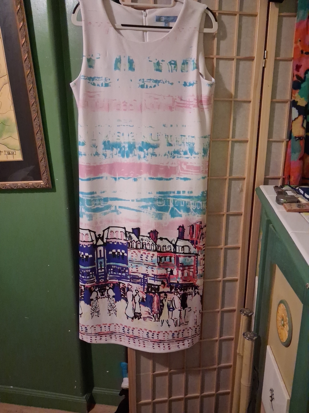 White Sleeveless Dress with Pastel Beach Scene Print